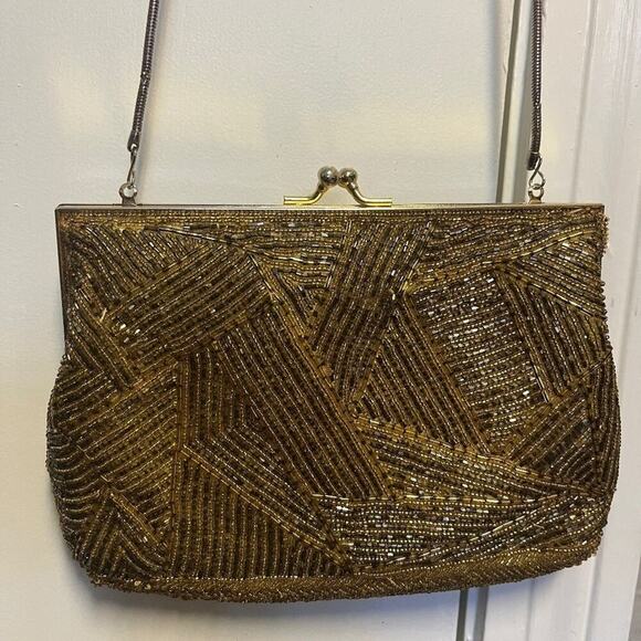 Vintage 1980s GOLD Geometric Beaded Luxury Designer Evening Bag Pristine 1 - Picture 2 of 12